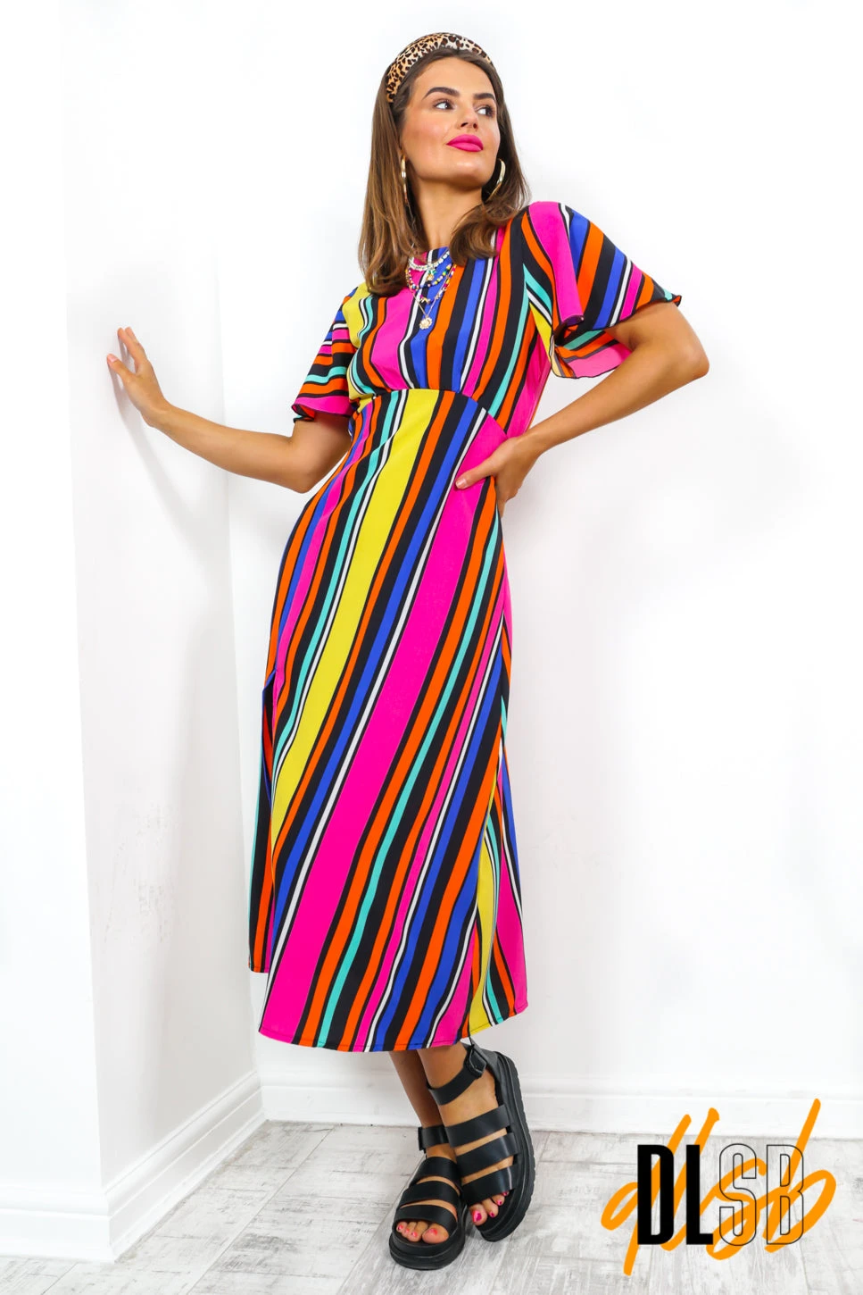 Lets Split - Black Multi Stripe Midi Dress - Image 7