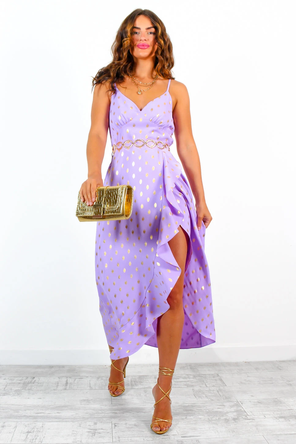 All Eyes On Her - Lilac Gold Foil Spot Frilled Maxi Dress - Image 6