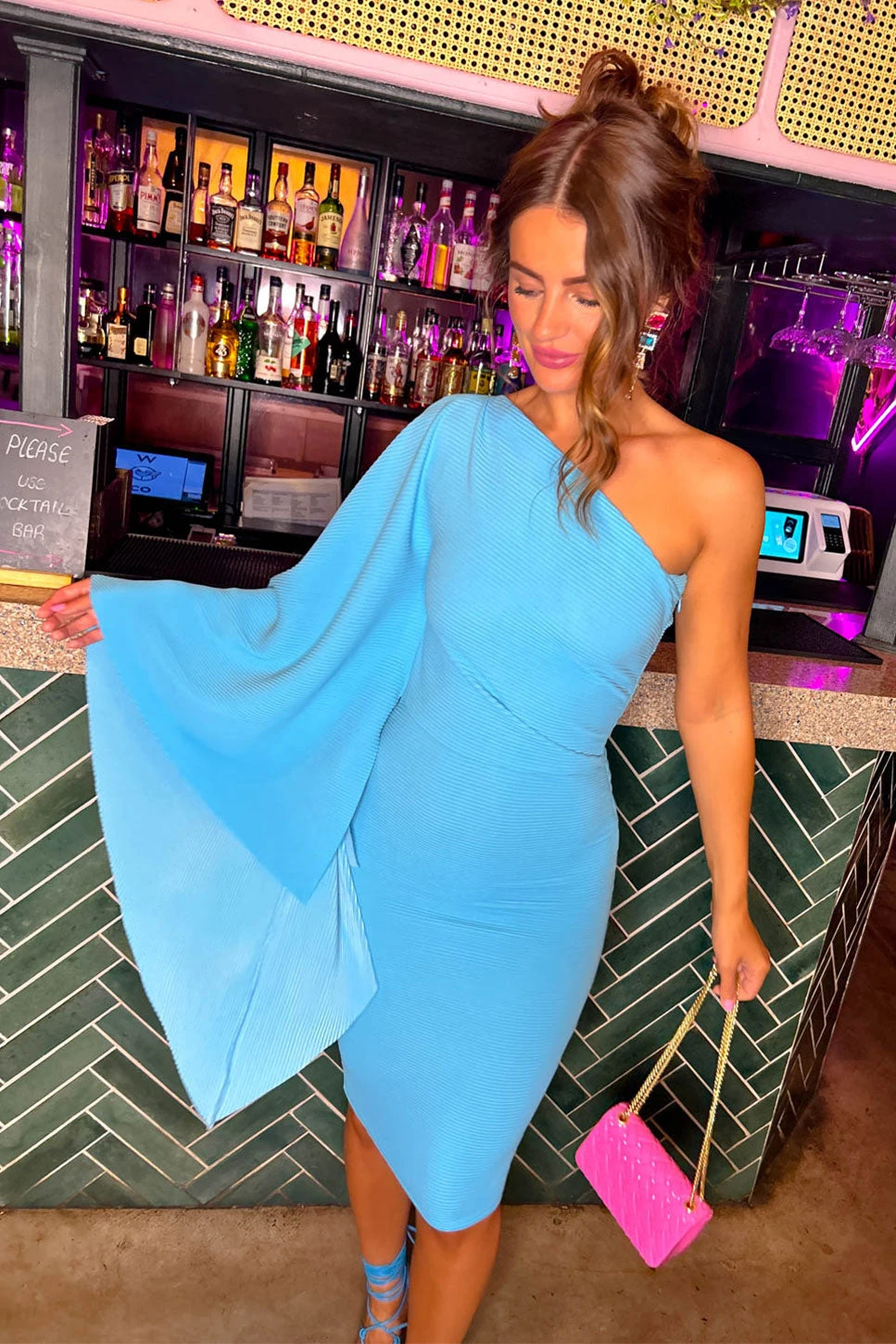Am I The Drama? - Blue One Shoulder Cape Sleeve Midi Dress - Image 2