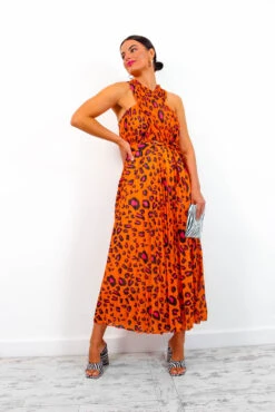 Artemis - Orange Fuchsia Leopard Pleated Maxi Dress