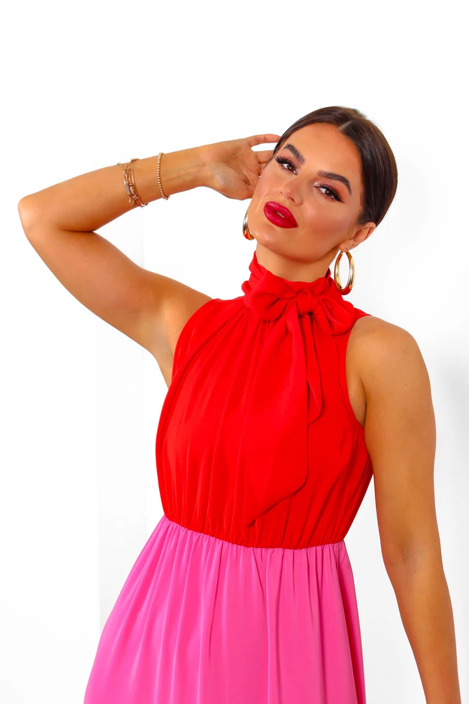 Block You Out - Red Pink High Neck Midi Dress - Image 3
