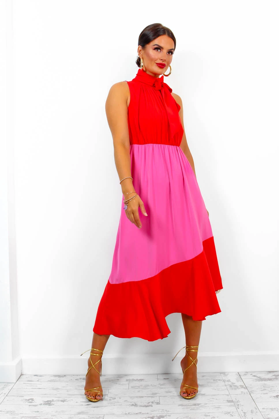Block You Out - Red Pink High Neck Midi Dress - Image 5