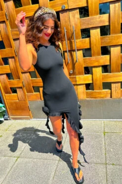 Buy Myself Flowers - Black Ruffle Rose Frill Detail Asymmetric Mini Dress