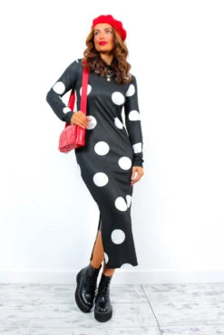 Cant Read My Polka Face - Black White Polka Dot Midi Dress
