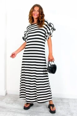 Casual Feelings - White Black Stripey Ruffle Sleeve Maxi Dress