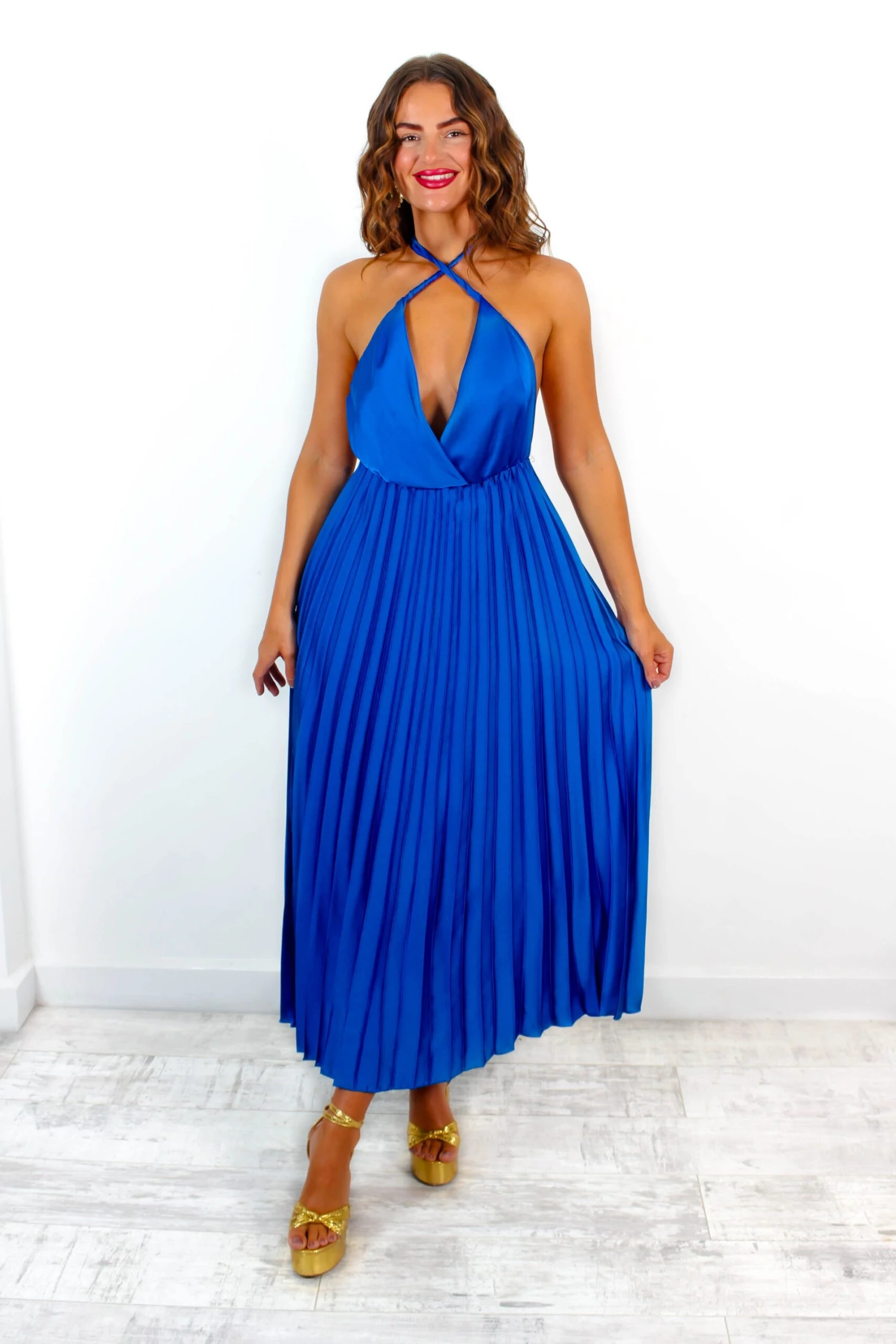 Class Is Timeless - Cobalt Satin Pleated Midi Dress - Image 6