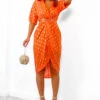 Cocktail OClock - Orange Gold Foil Midi Dress