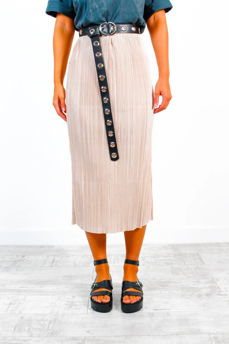 Do As You Please - Champagne Plisse Midi Split Skirt - Image 2