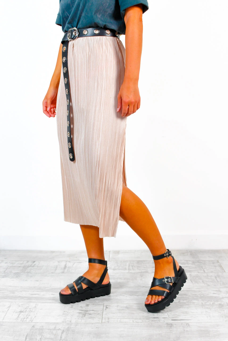 Do As You Please - Champagne Plisse Midi Split Skirt - Image 5