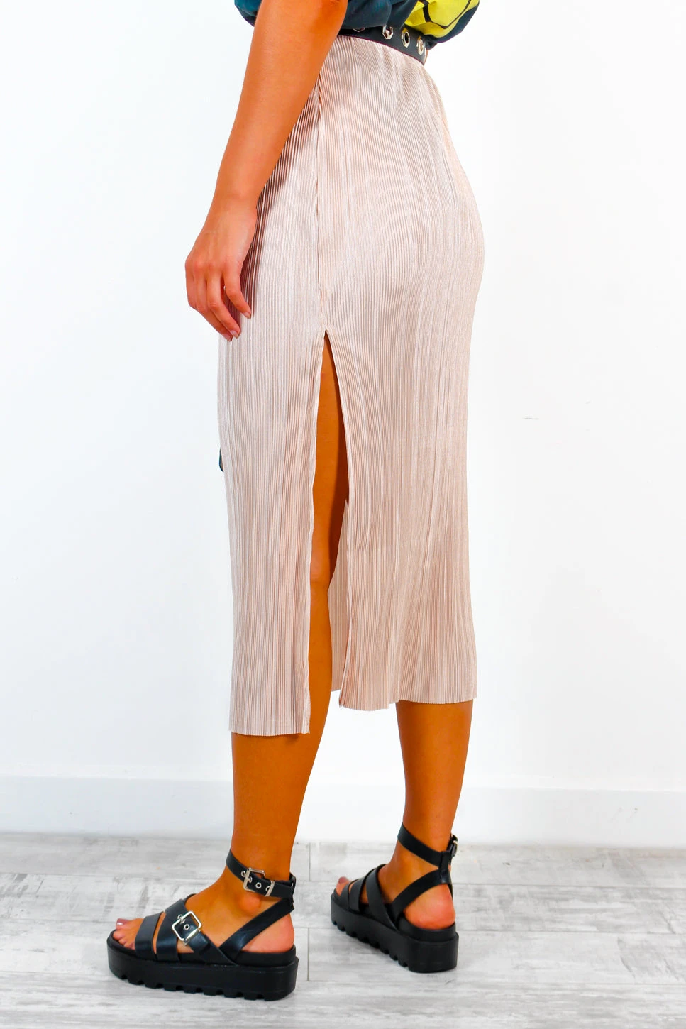 Do As You Please - Champagne Plisse Midi Split Skirt - Image 4