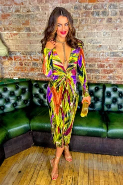 Dont Make Me Wait - Green Purple Abstract Print Plunge Midi Dress