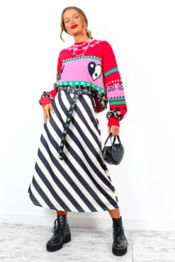 Draw The Line - White Black Stripe Midi Skirt