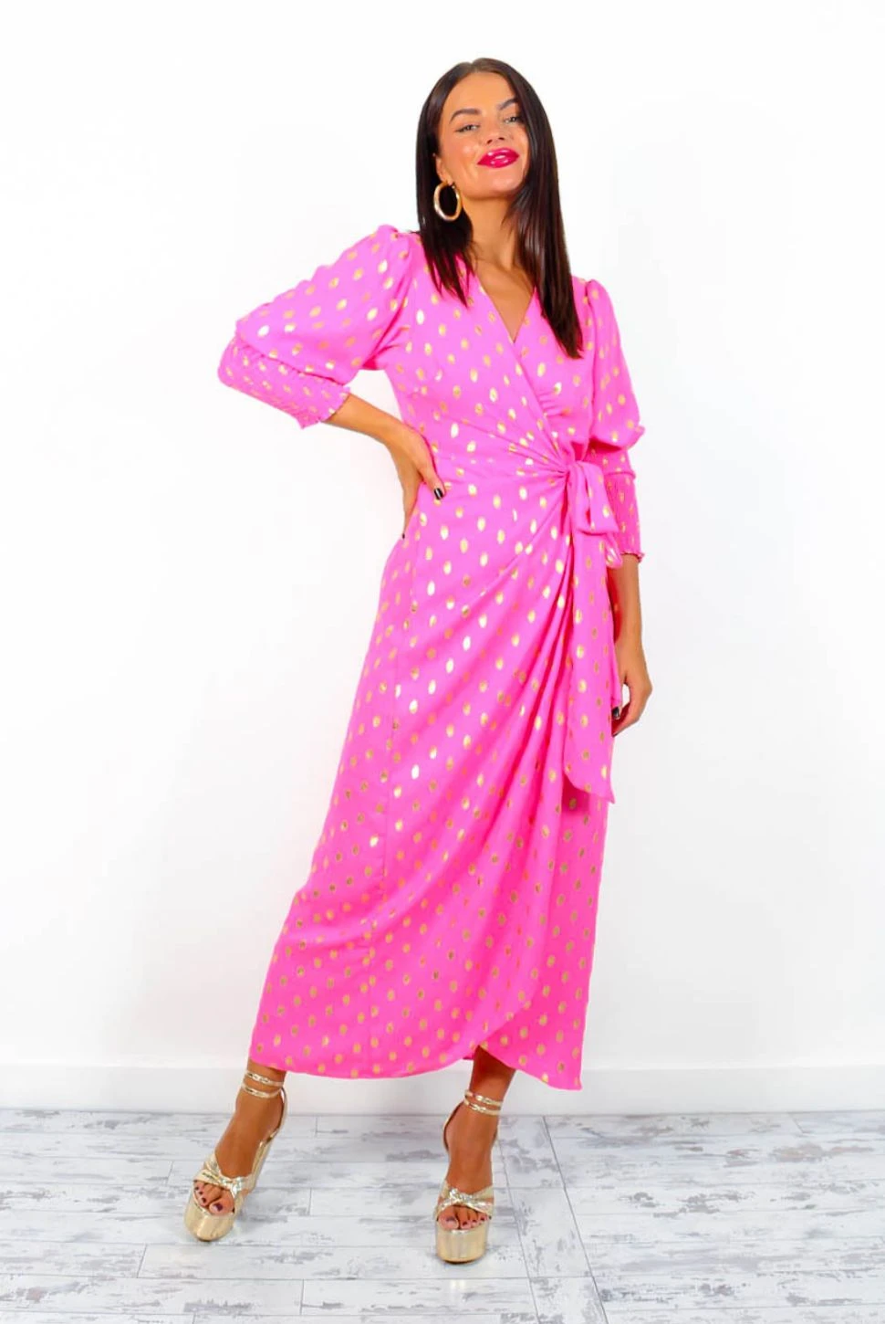 Glamorous Drive 'Em Wild - Pink Gold Foil Midi Wrap Dress - Image 4