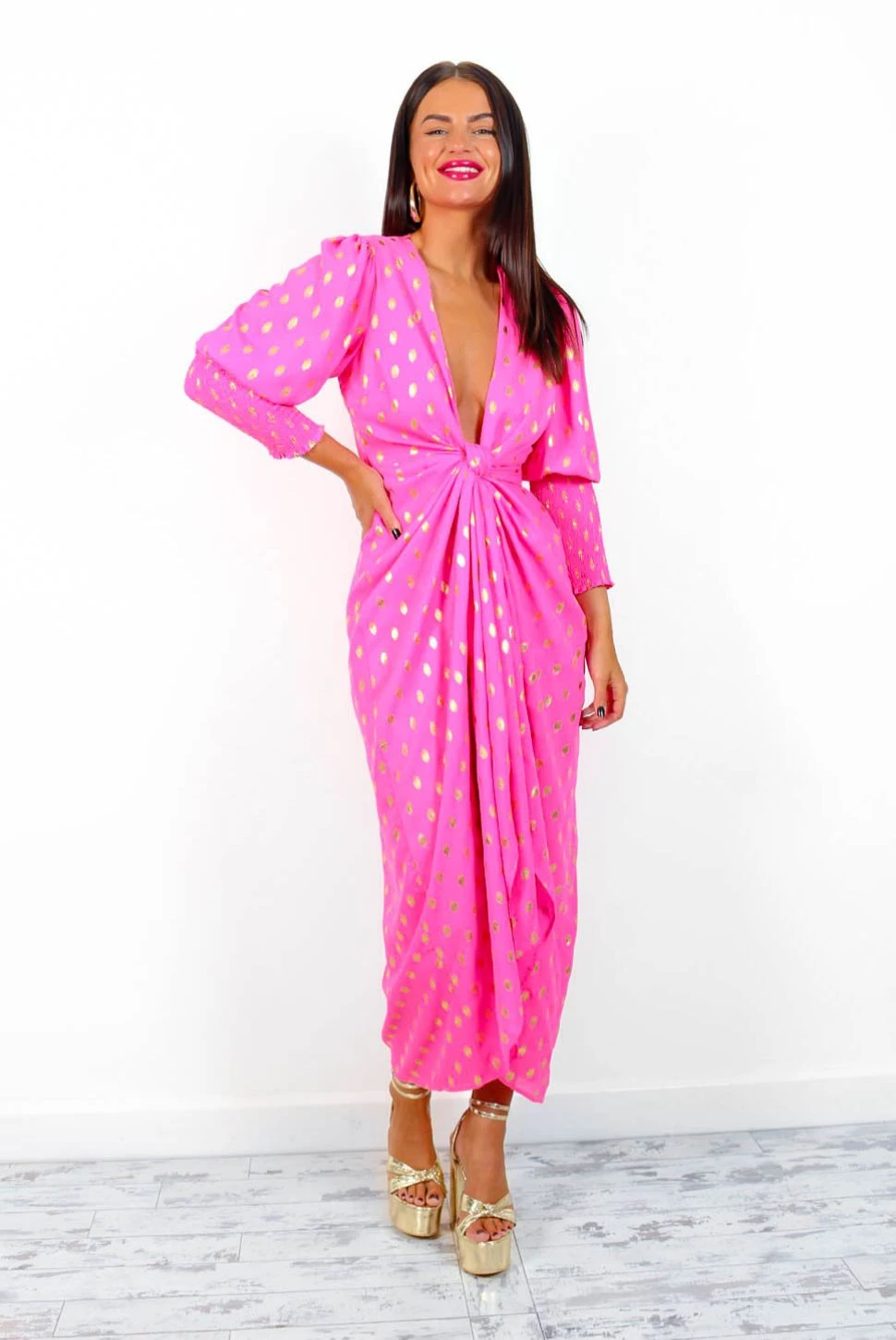 Glamorous Drive 'Em Wild - Pink Gold Foil Midi Wrap Dress - Image 3