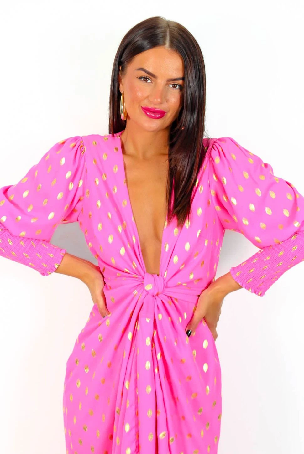 Glamorous Drive 'Em Wild - Pink Gold Foil Midi Wrap Dress - Image 5