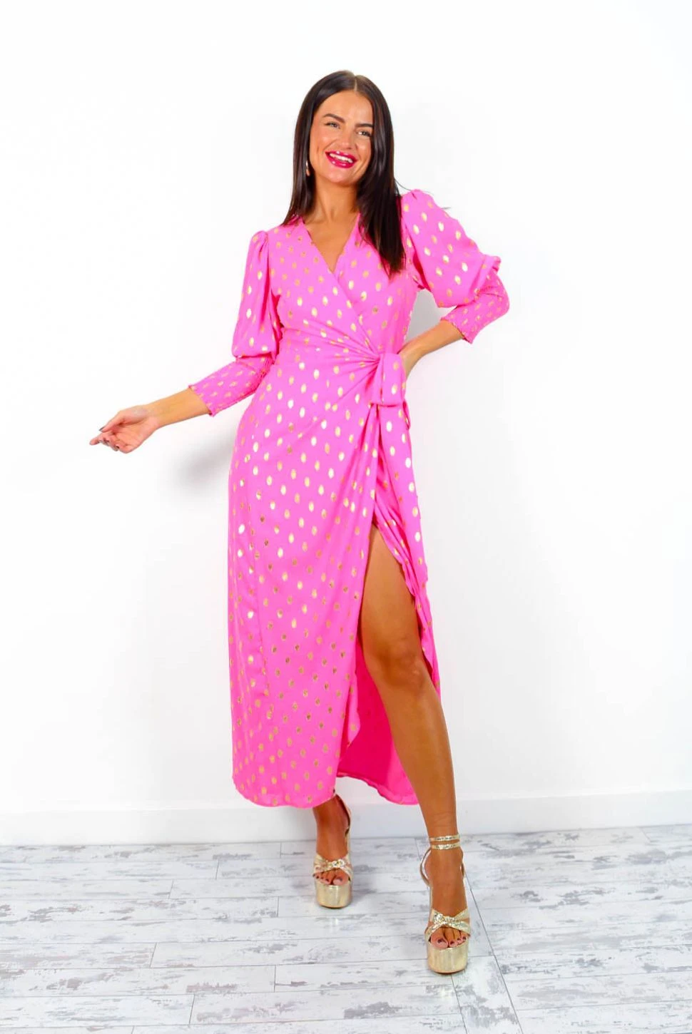 Glamorous Drive 'Em Wild - Pink Gold Foil Midi Wrap Dress - Image 7