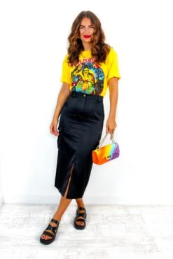 Fight For What You Love - Black Textured Satin Cargo Midi Skirt