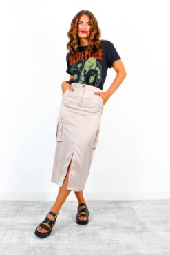 Fight For What You Love - Stone Textured Satin Cargo Midi Skirt