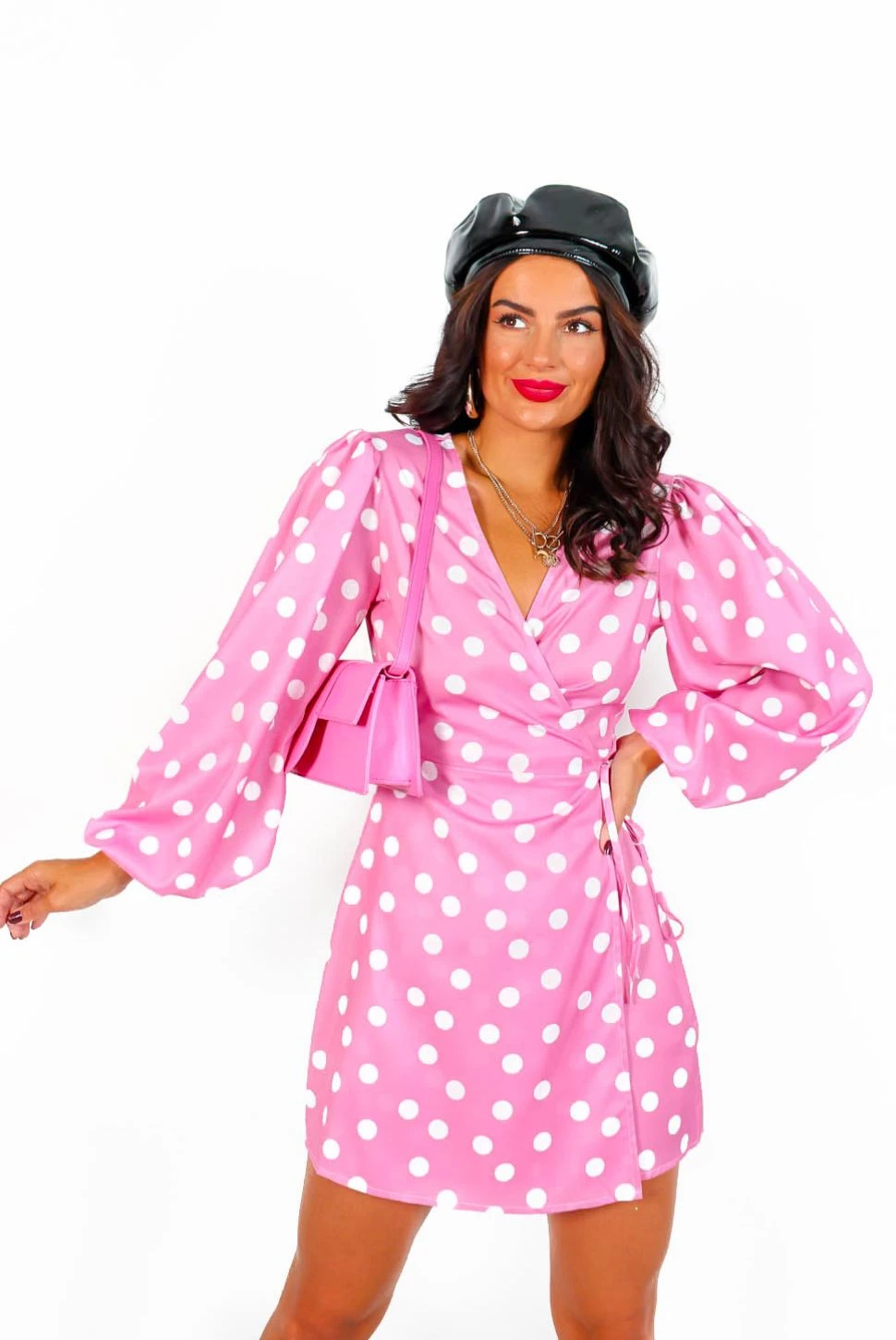 Glamorous First Love - Pink White Polka Dot Mini Wrap Dress - Image 4