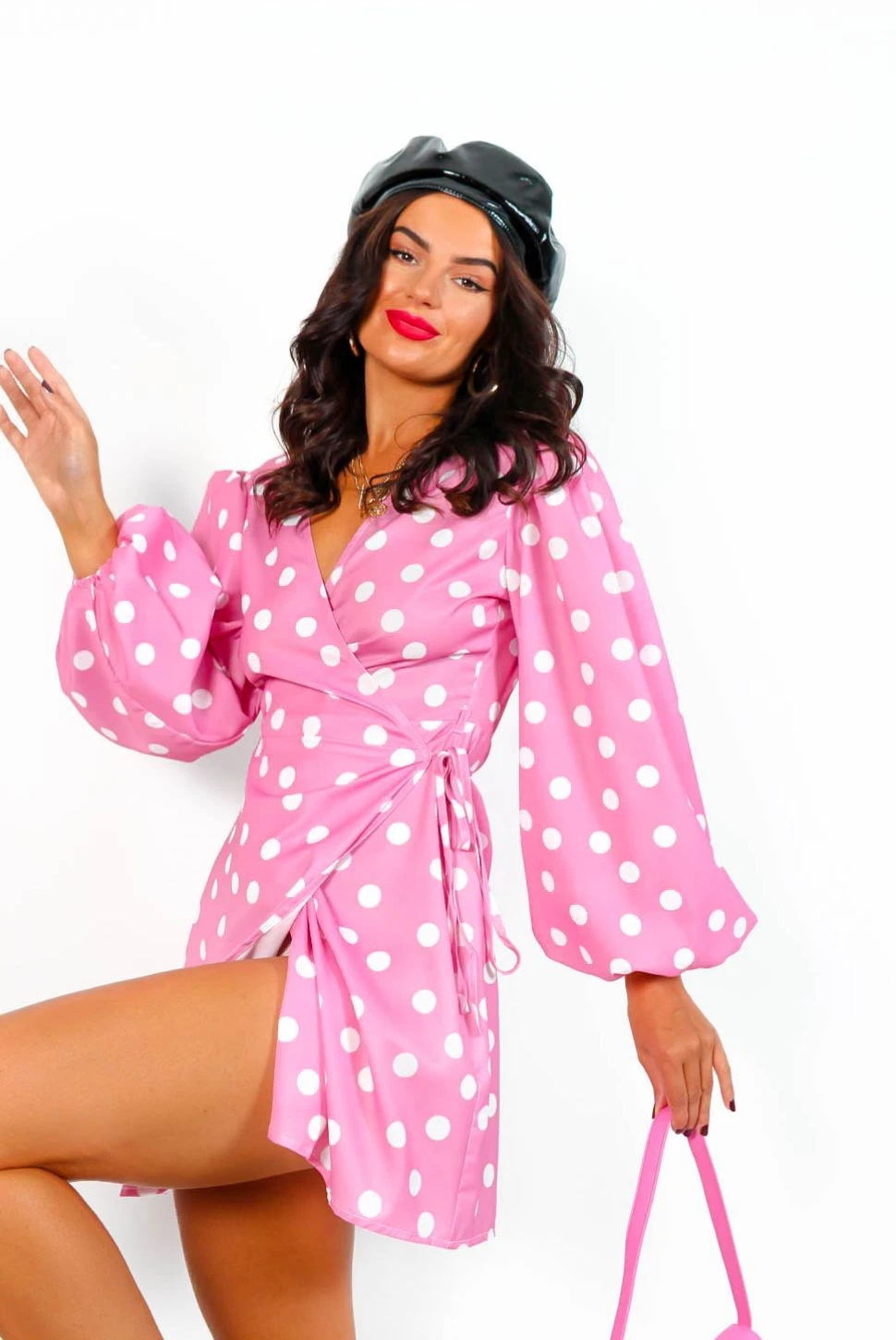 Glamorous First Love - Pink White Polka Dot Mini Wrap Dress - Image 5