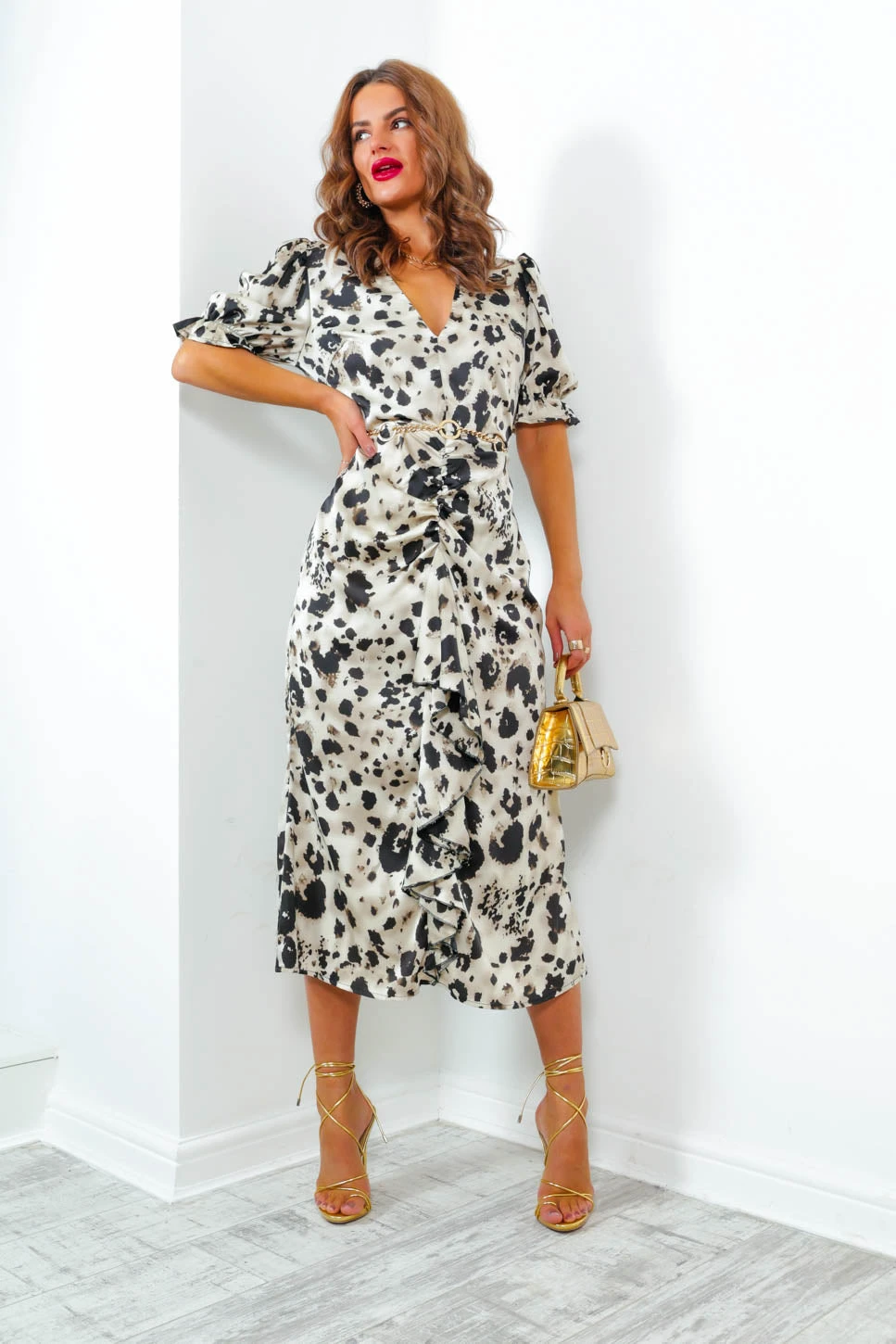 AX Paris Frill Got It - Champagne Leopard Print Midi Dress - Image 2