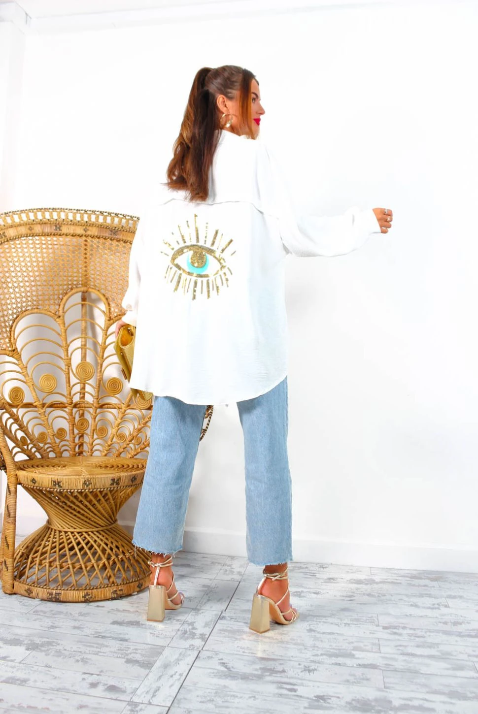 Got My Eye On You - White Gold Sequin Eye Oversized Shirt - Image 5