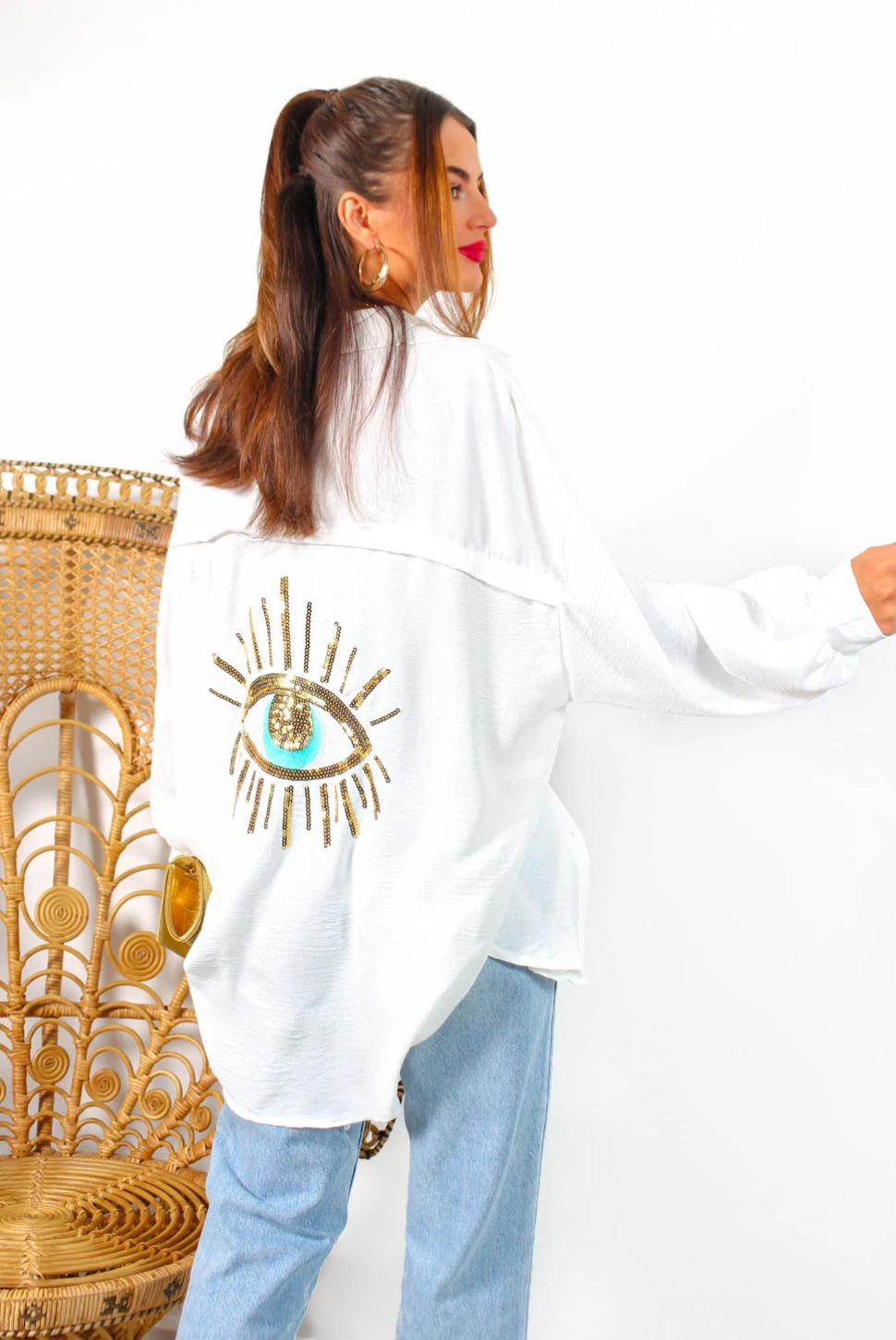Got My Eye On You - White Gold Sequin Eye Oversized Shirt