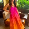 Gotta Let Go - Pink Orange Ombre Pleated Satin Maxi Dress