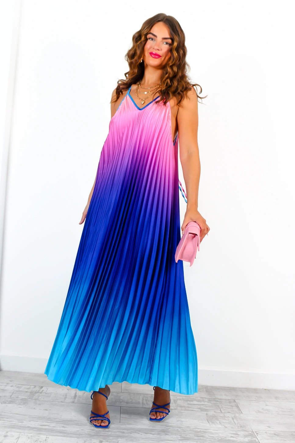 Gotta Let Go - Blue Pink Ombre Pleated Satin Maxi Dress - Image 3