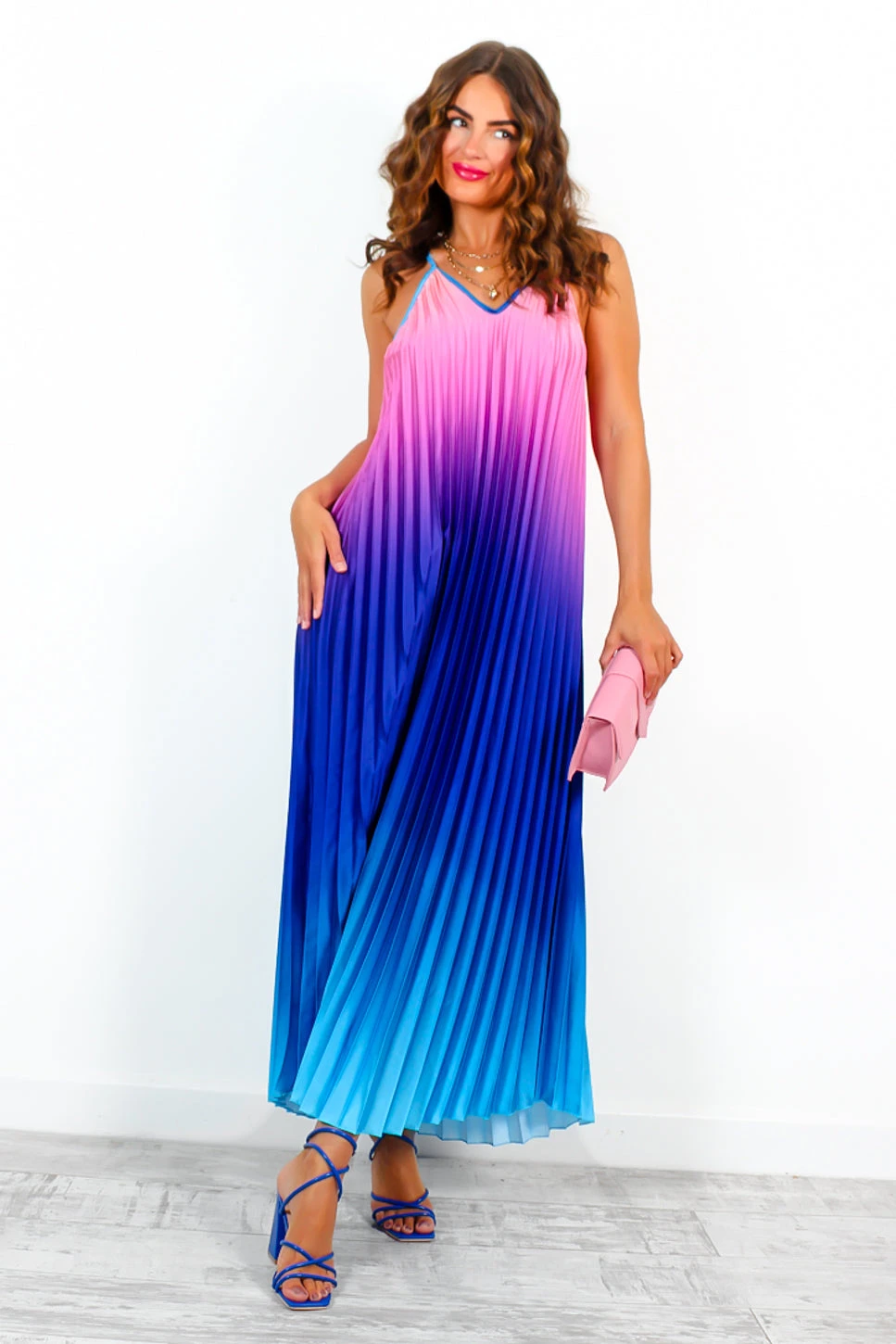 Gotta Let Go - Blue Pink Ombre Pleated Satin Maxi Dress - Image 6