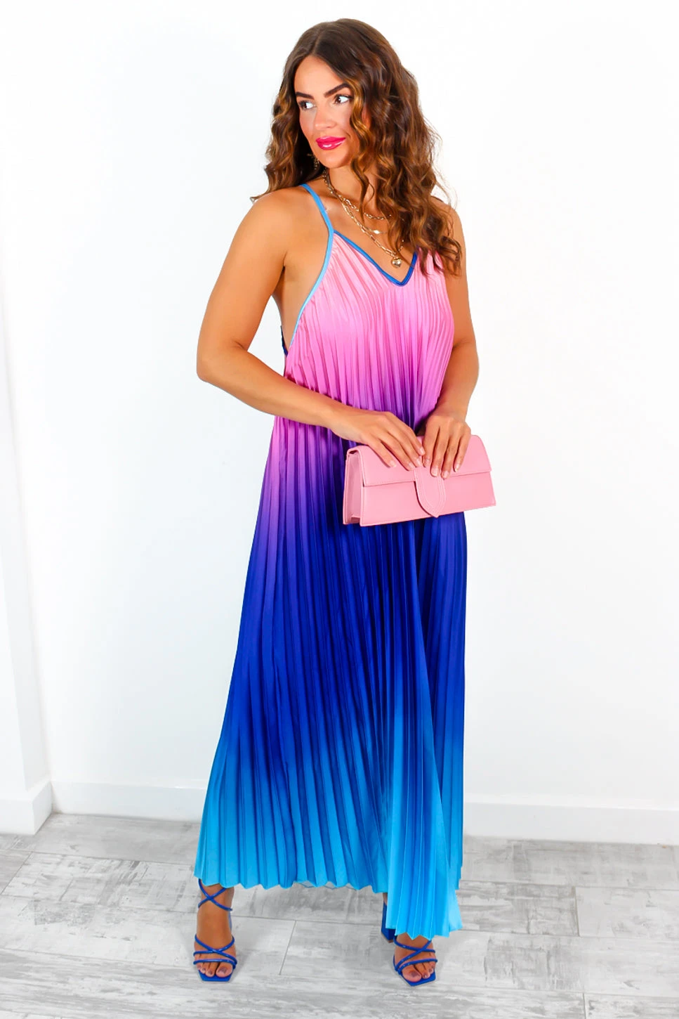 Gotta Let Go - Blue Pink Ombre Pleated Satin Maxi Dress - Image 4