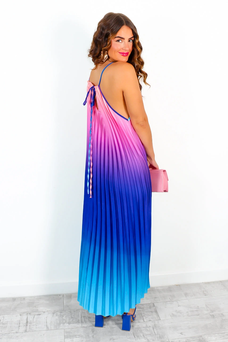 Gotta Let Go - Blue Pink Ombre Pleated Satin Maxi Dress - Image 5