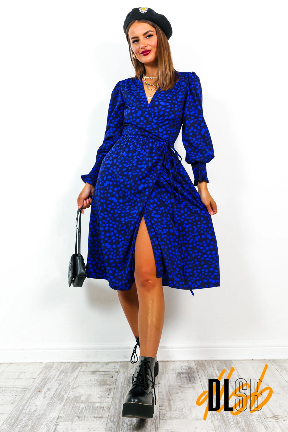 He Loves Me, He Loves Me Spot - Black Blue Print Midi Dress - Image 5