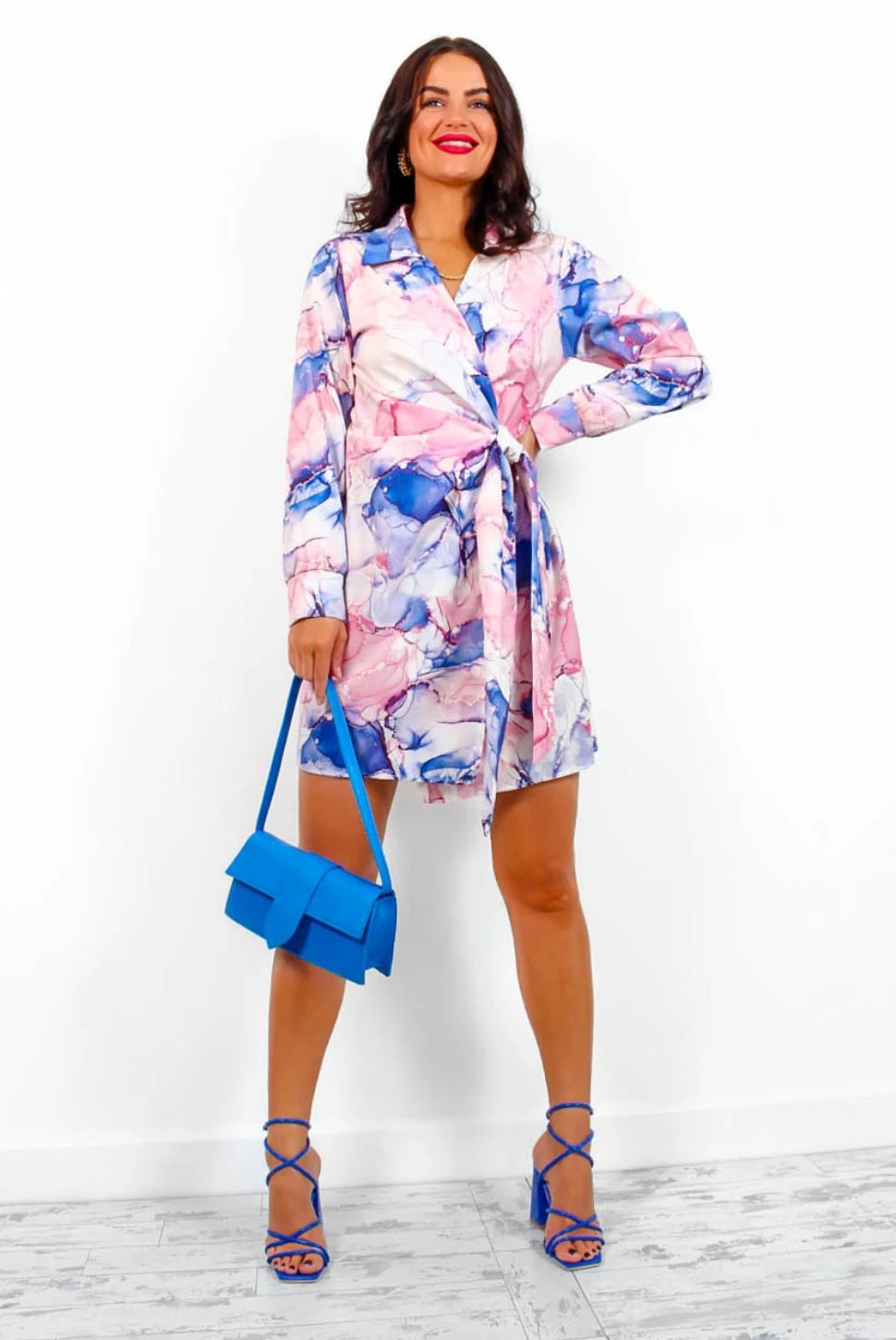 Catwalk Heart Of Stone - Pink Blue Marble Print Mini Wrap Dress - Image 3