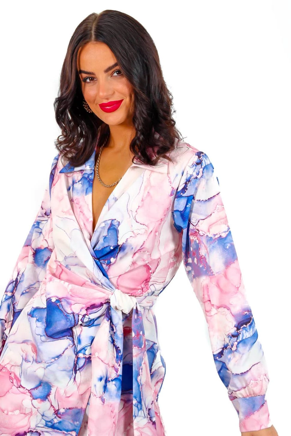 Catwalk Heart Of Stone - Pink Blue Marble Print Mini Wrap Dress - Image 2