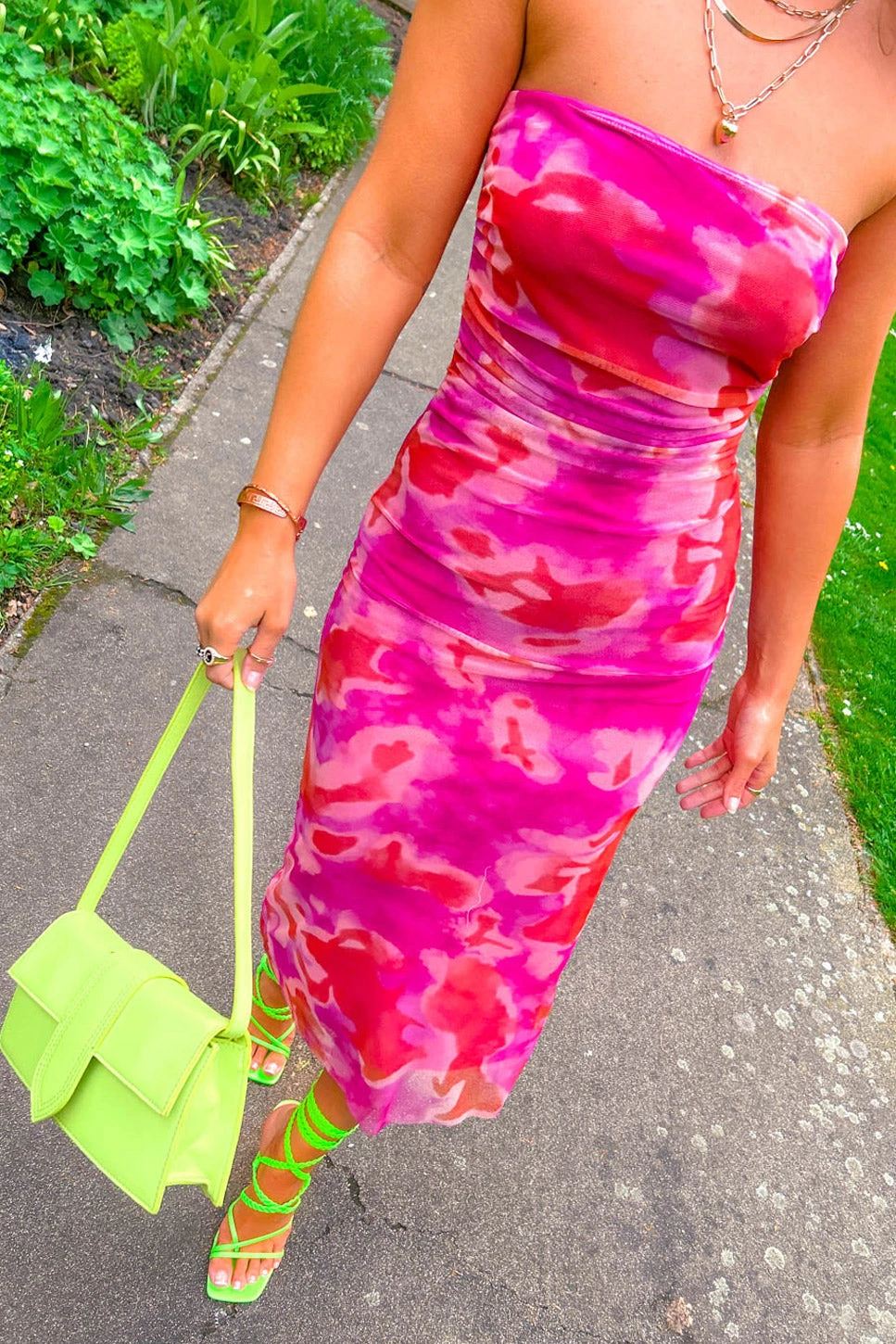 Lost In The Moment - Pink Orange Mesh Bodycon Midi Dress - Image 2