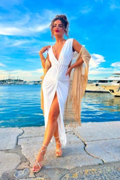 It Takes Time - White Plunge Knot Detail Backless Midi Dress