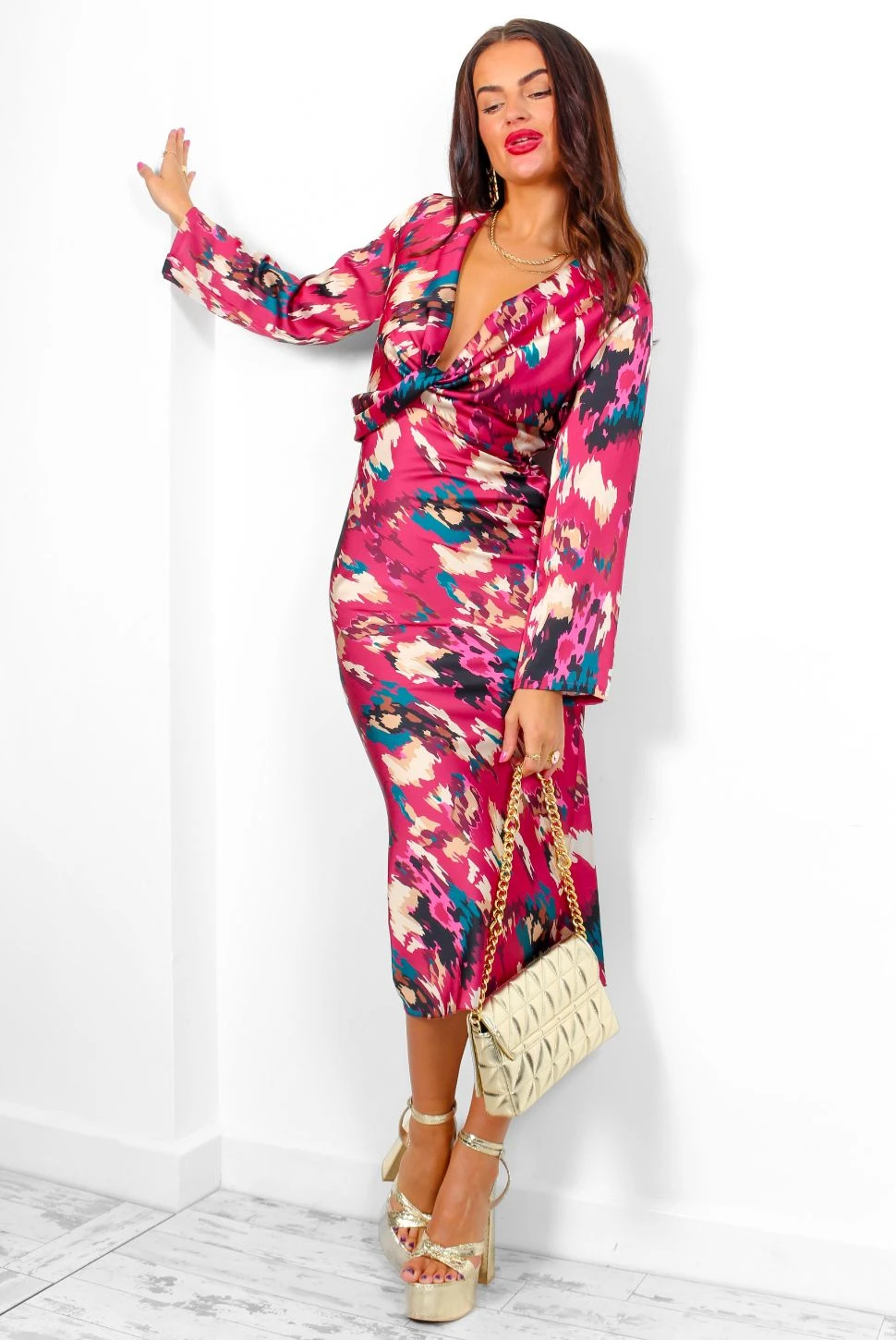 Knot In The Mood - Wine Multi Floral Knot Front Satin Maxi Dress - Image 6