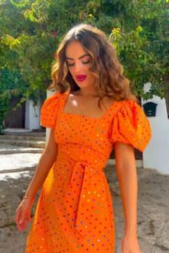 Last But Not Least - Orange Multi Spot Puff Sleeve Midi Dress