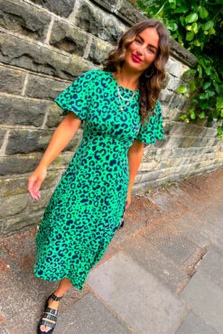 Let's Split - Green Black Leopard Midi Dress