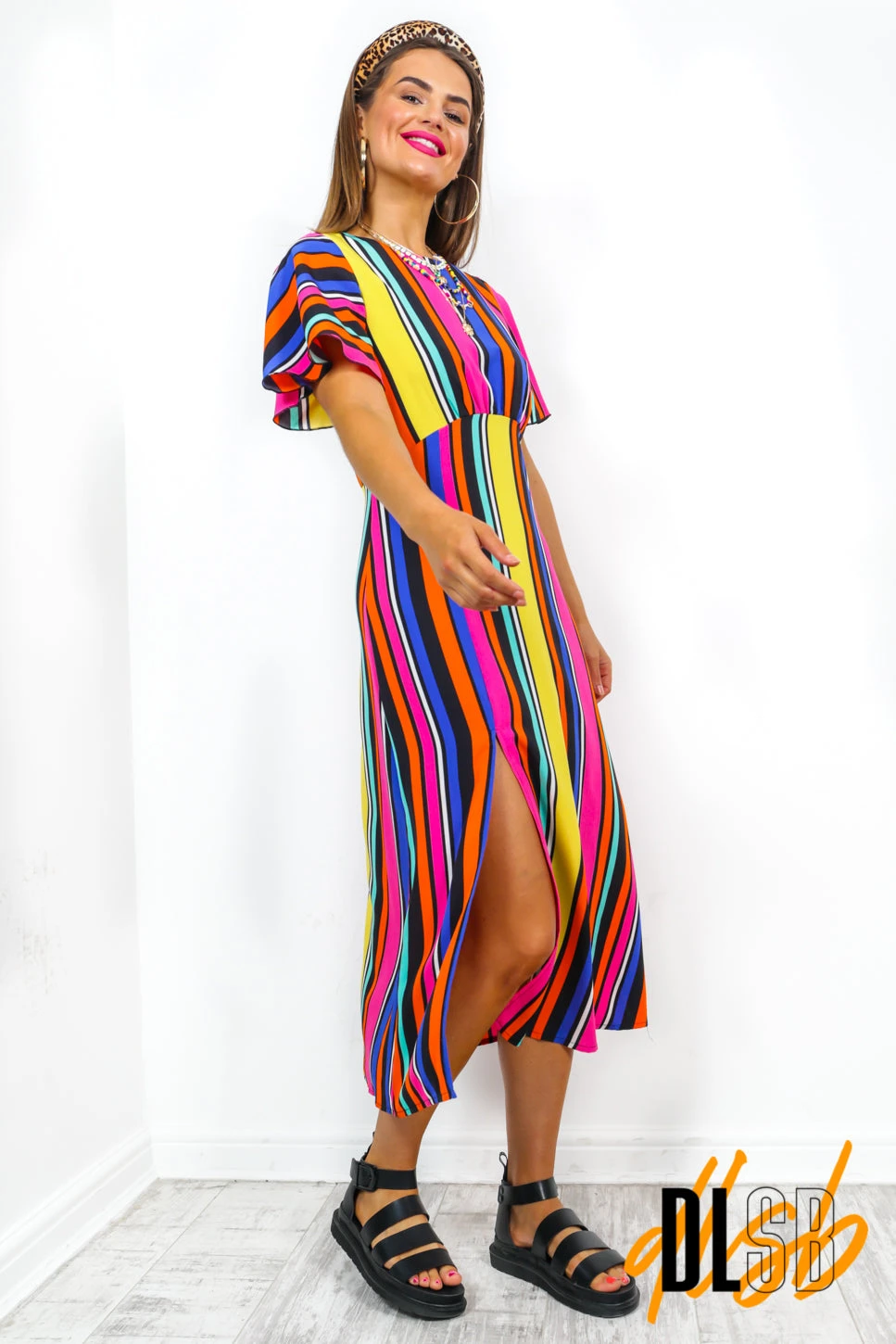 Lets Split - Black Multi Stripe Midi Dress - Image 2