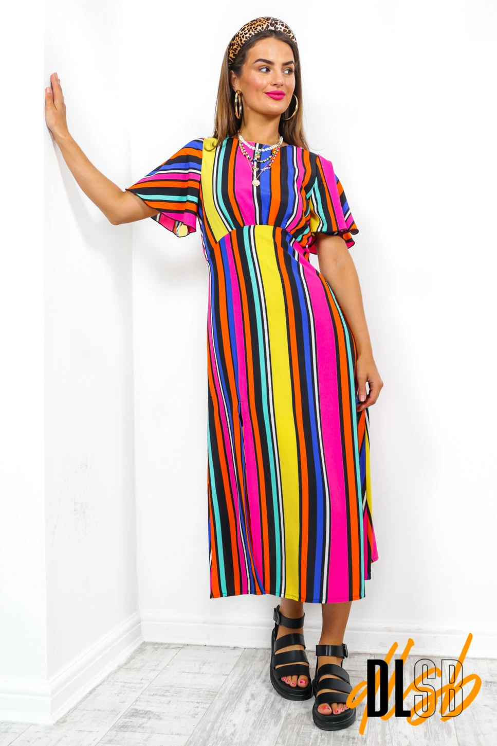 Lets Split - Black Multi Stripe Midi Dress - Image 3