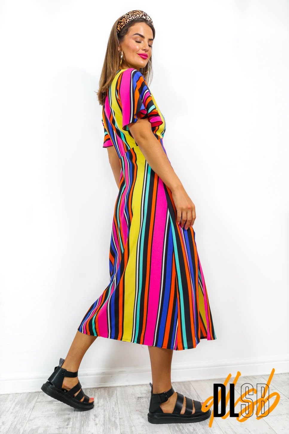 Lets Split - Black Multi Stripe Midi Dress - Image 4