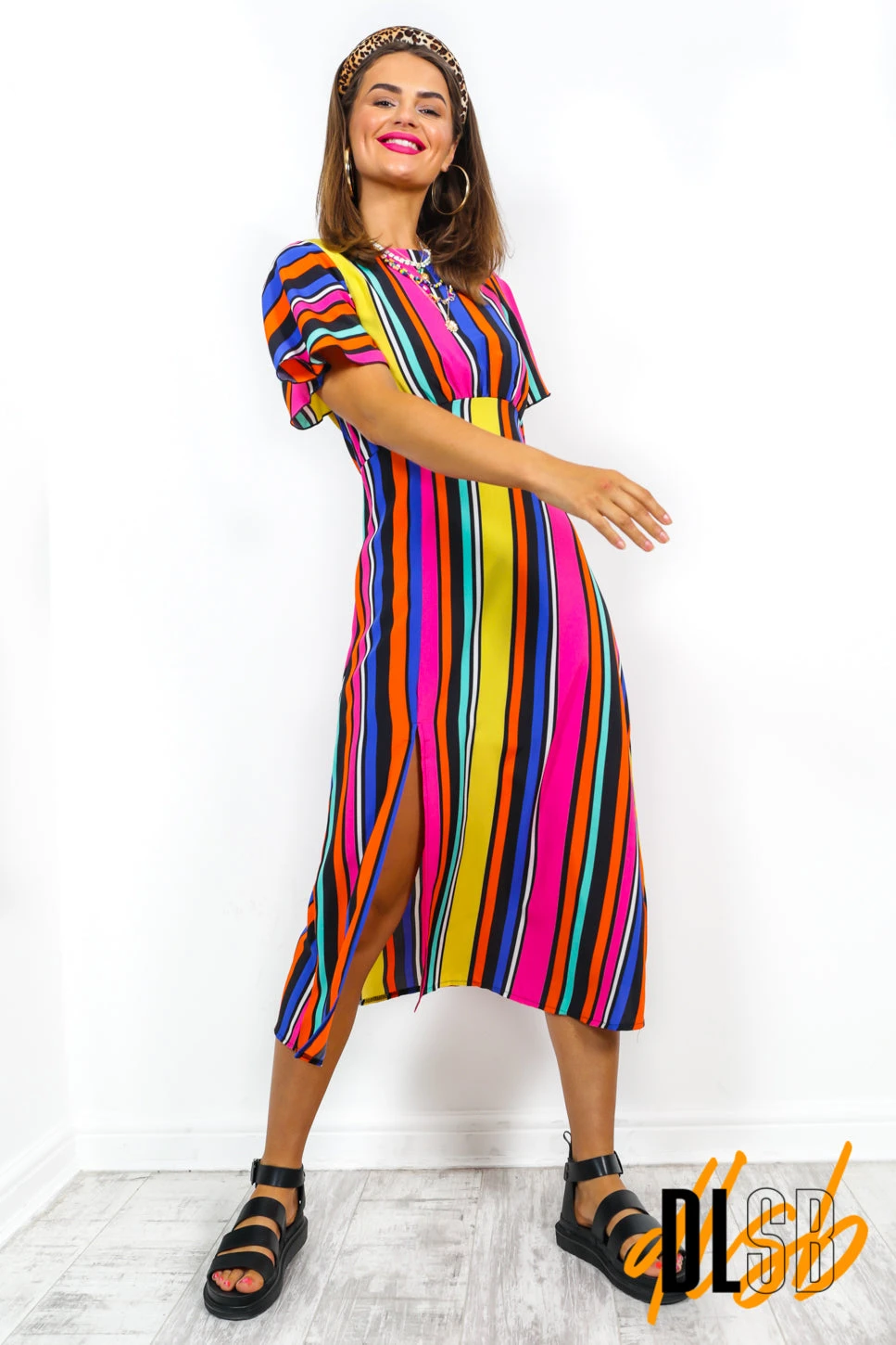 Lets Split - Black Multi Stripe Midi Dress - Image 6