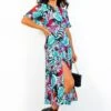 Lets Split - Magenta Turquoise Tropical Print Midi Dress