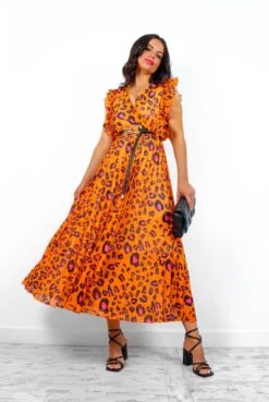 Mamma Mia - Orange Fuchsia Leopard Pleated Maxi Dress