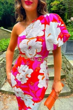 Never Looked Better - Pink Orange Floral One Shoulder Midi Dress
