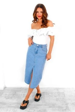 No Promises - Blue Denim Split Front Midi Skirt