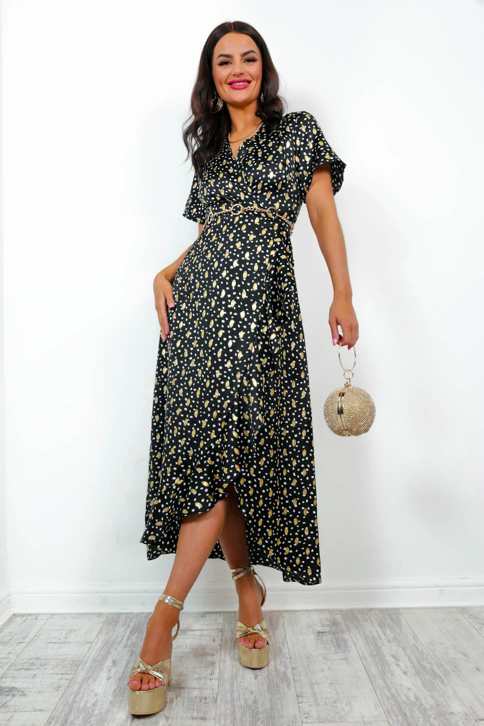 Out Your League - Black Gold Frill Midi Dress - Image 3