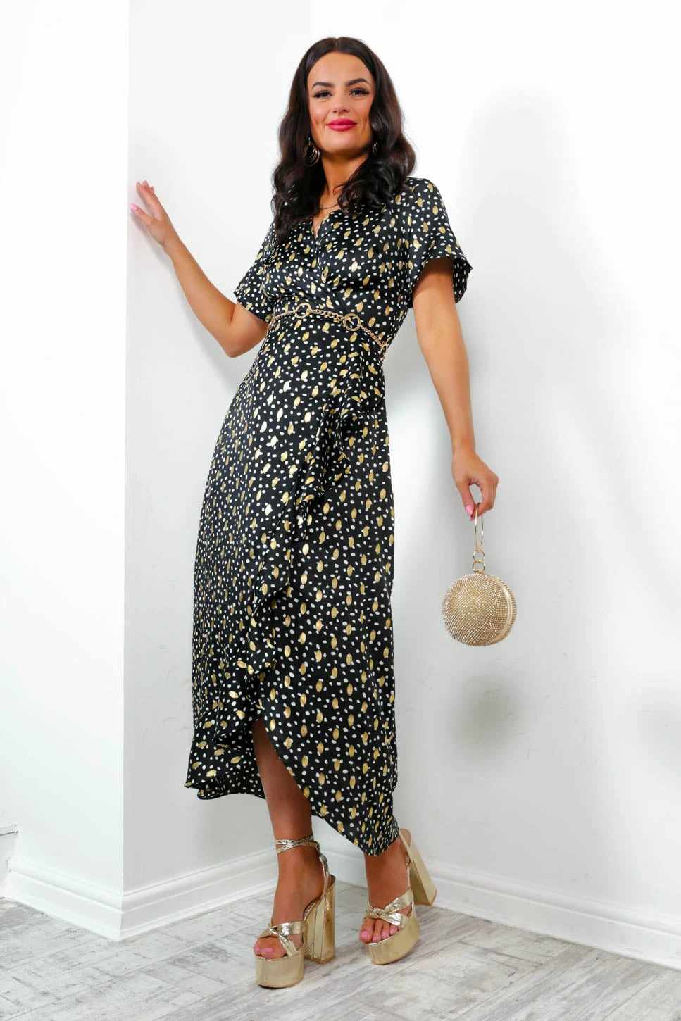 Out Your League - Black Gold Frill Midi Dress - Image 5